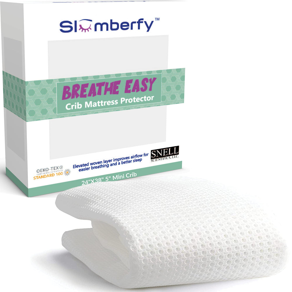 Slumberfy Breathe Easy crib cover, 3D mesh top for breathable comfort.