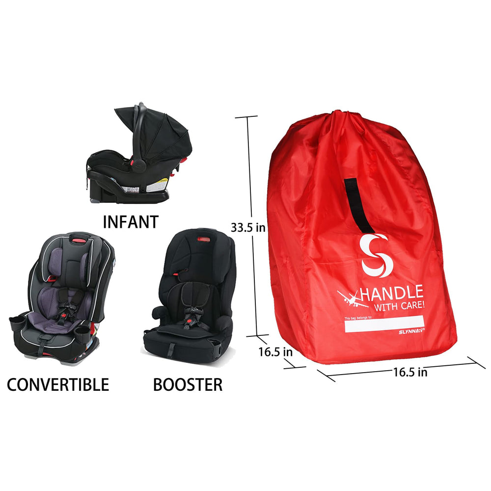 SLYNNAR red upgrade car seat travel bag with ID box labeled for quick return