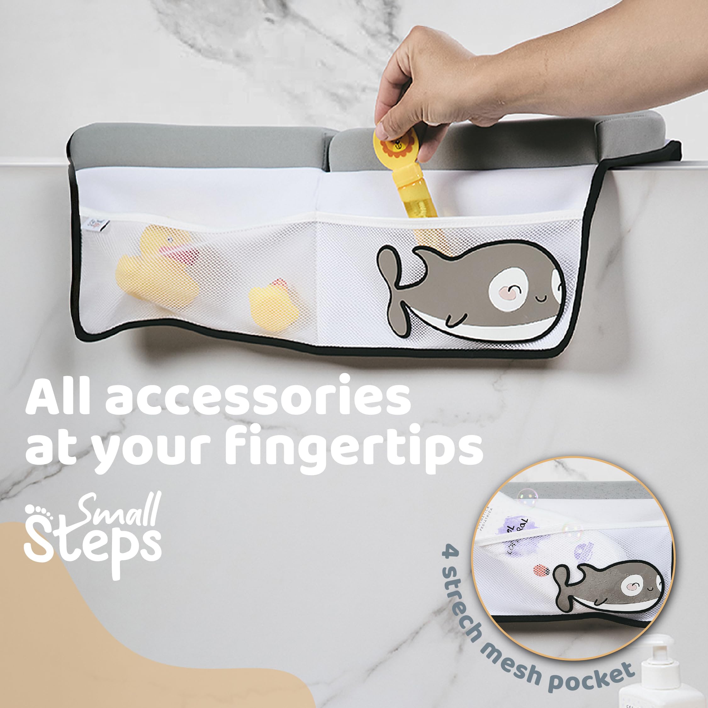Small Steps memory foam padding enhances comfort for long bath sessions