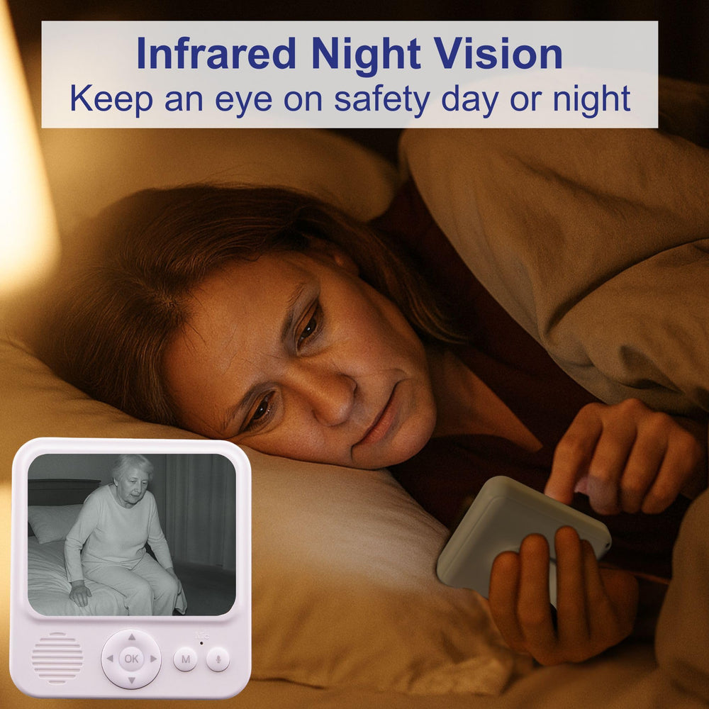 Smart Caregiver video monitor belt clip and tabletop design for flexible placement.
