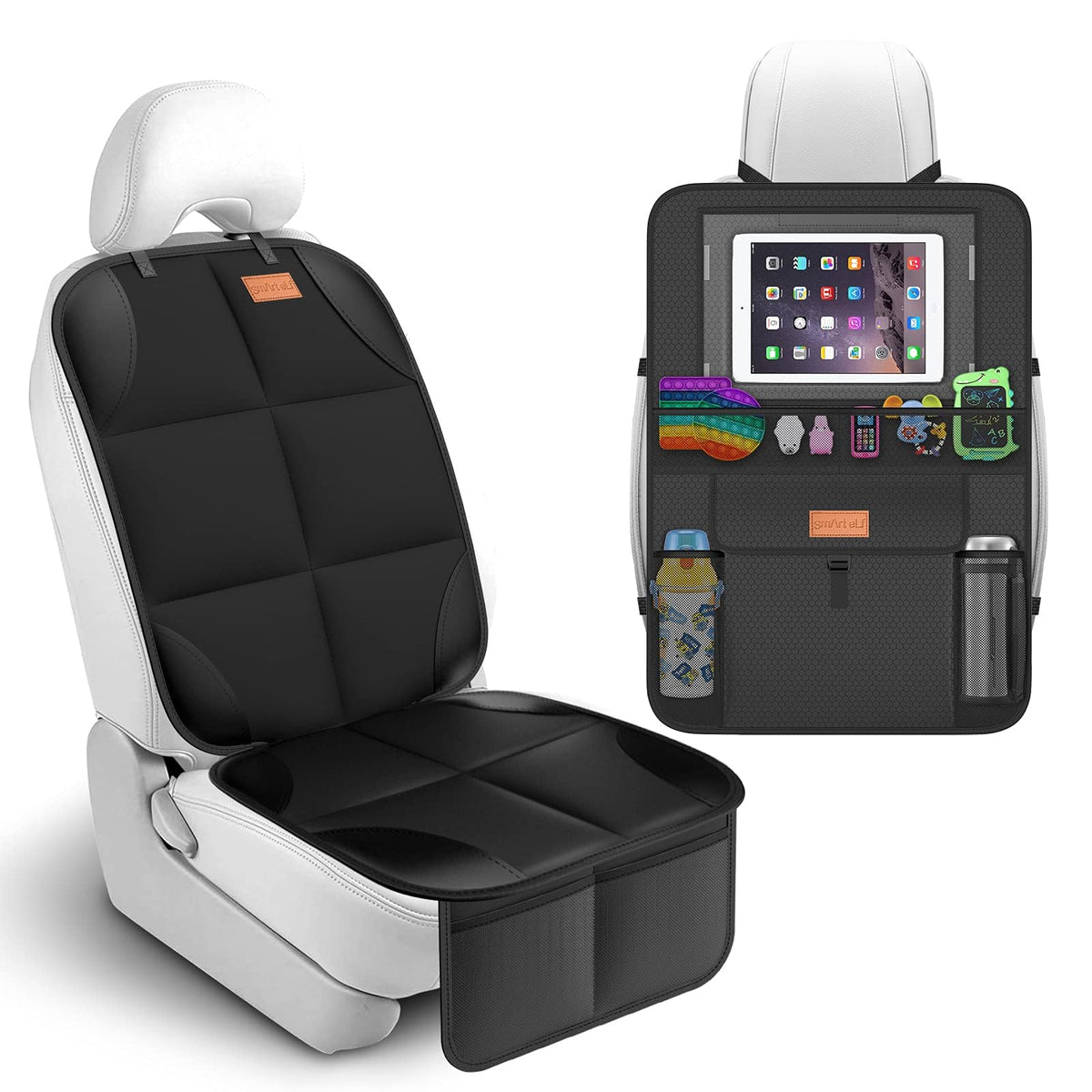 SMART ELF backseat non-slip kick mat protects upholstery and keeps items organized.