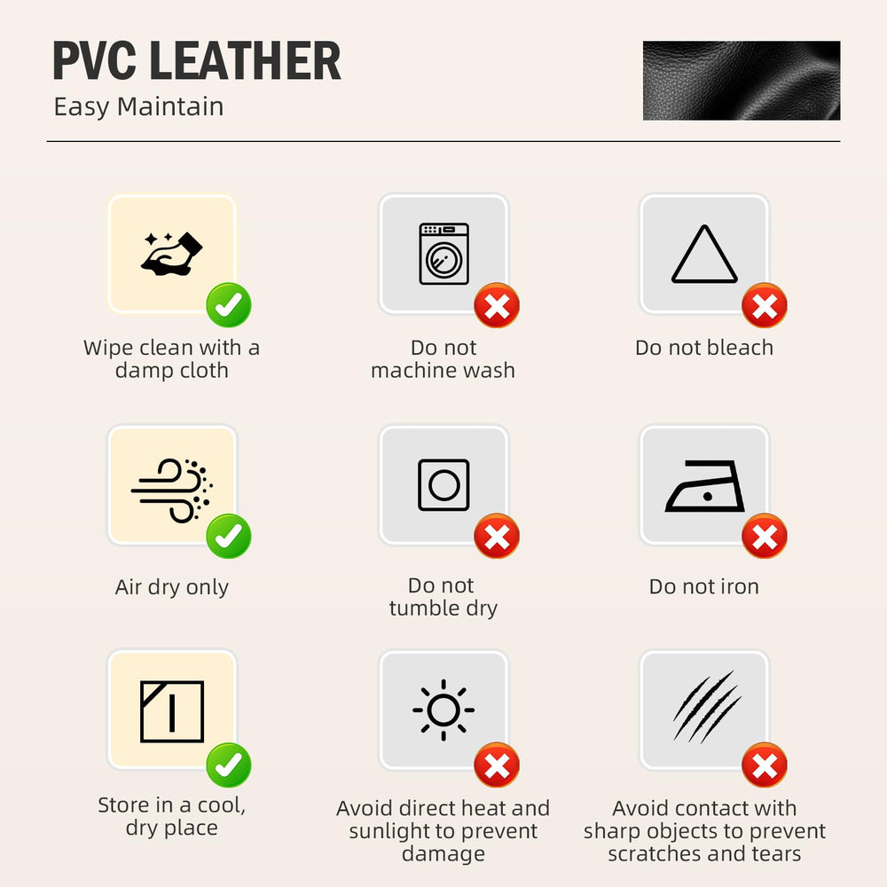 Smashier PVC-leather care image recommends wipe-clean maintenance.