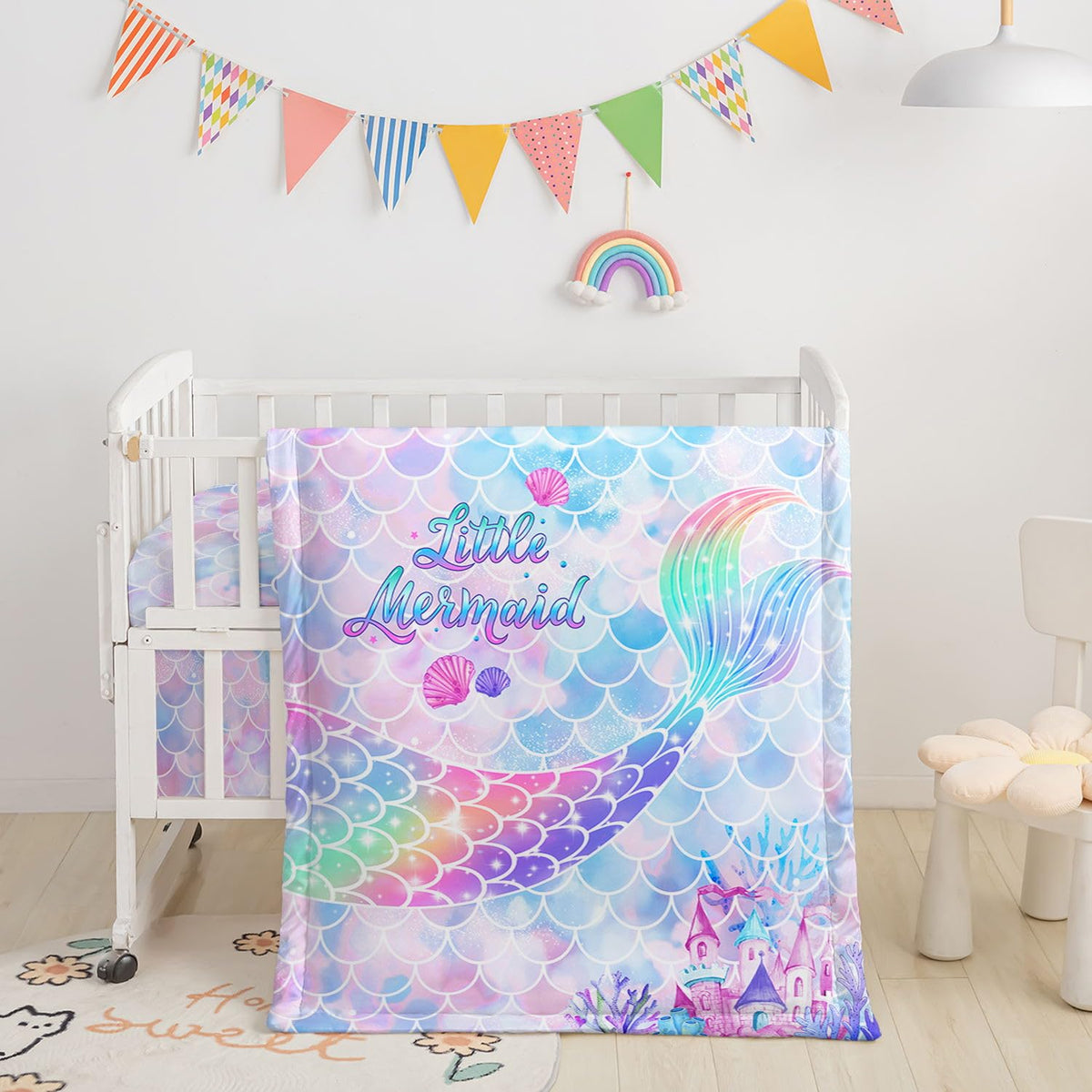 Smell Sunshine mermaid scales crib set comforter in soft microfiber for cozy naps.