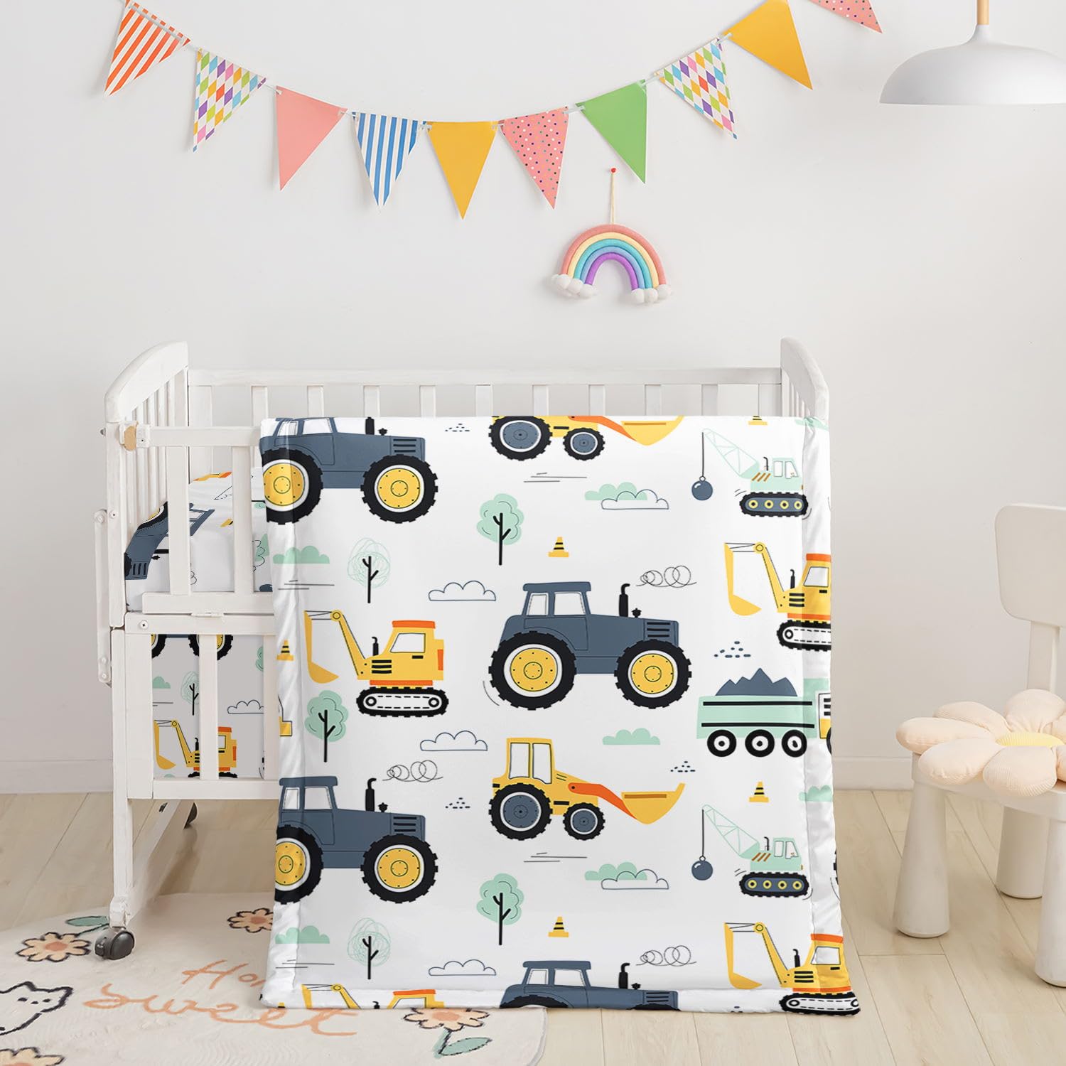Smell Sunshine comforter with cartoon truck print for cozy nursery naps