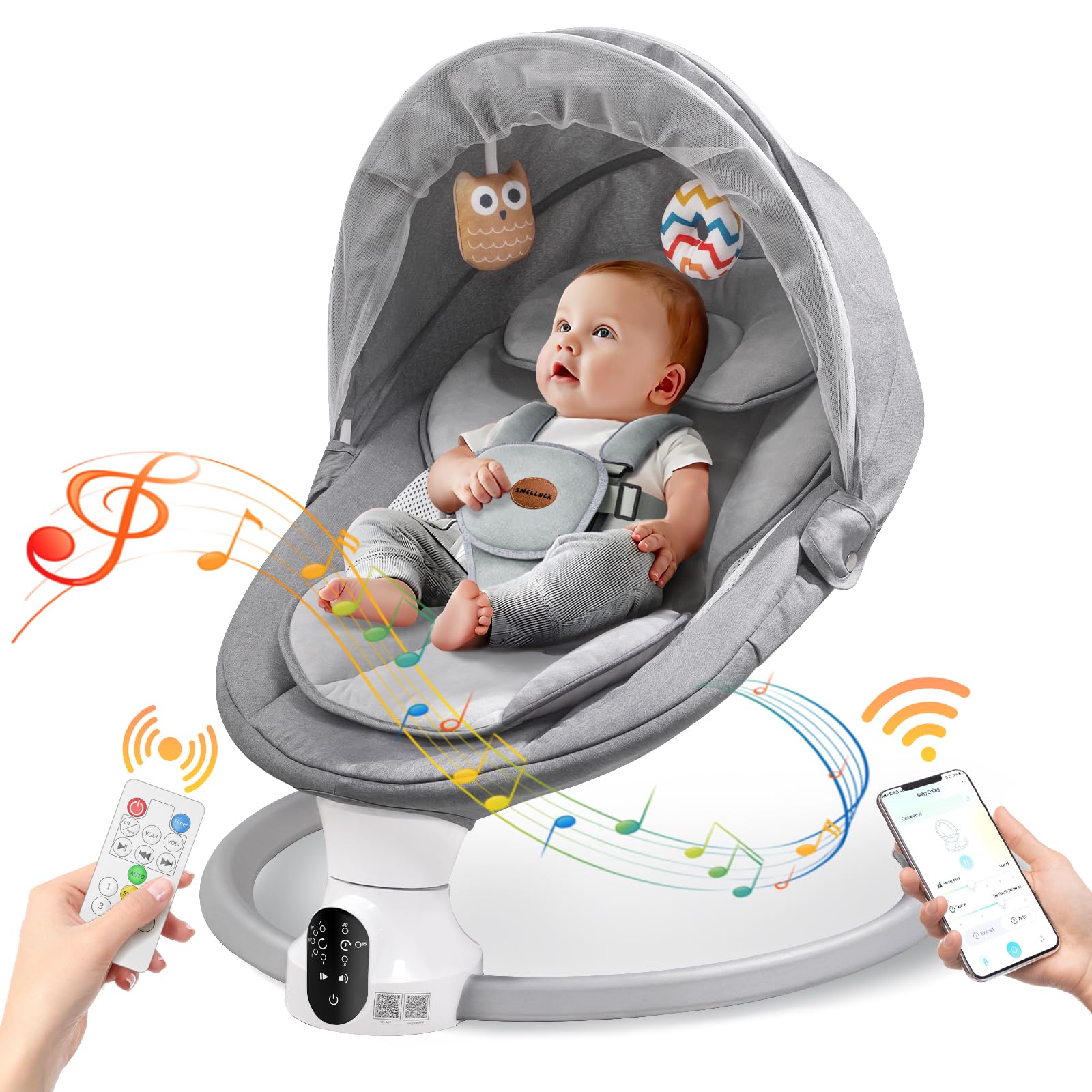 Smelluck Baby Swing with app remote control for convenient soothing.