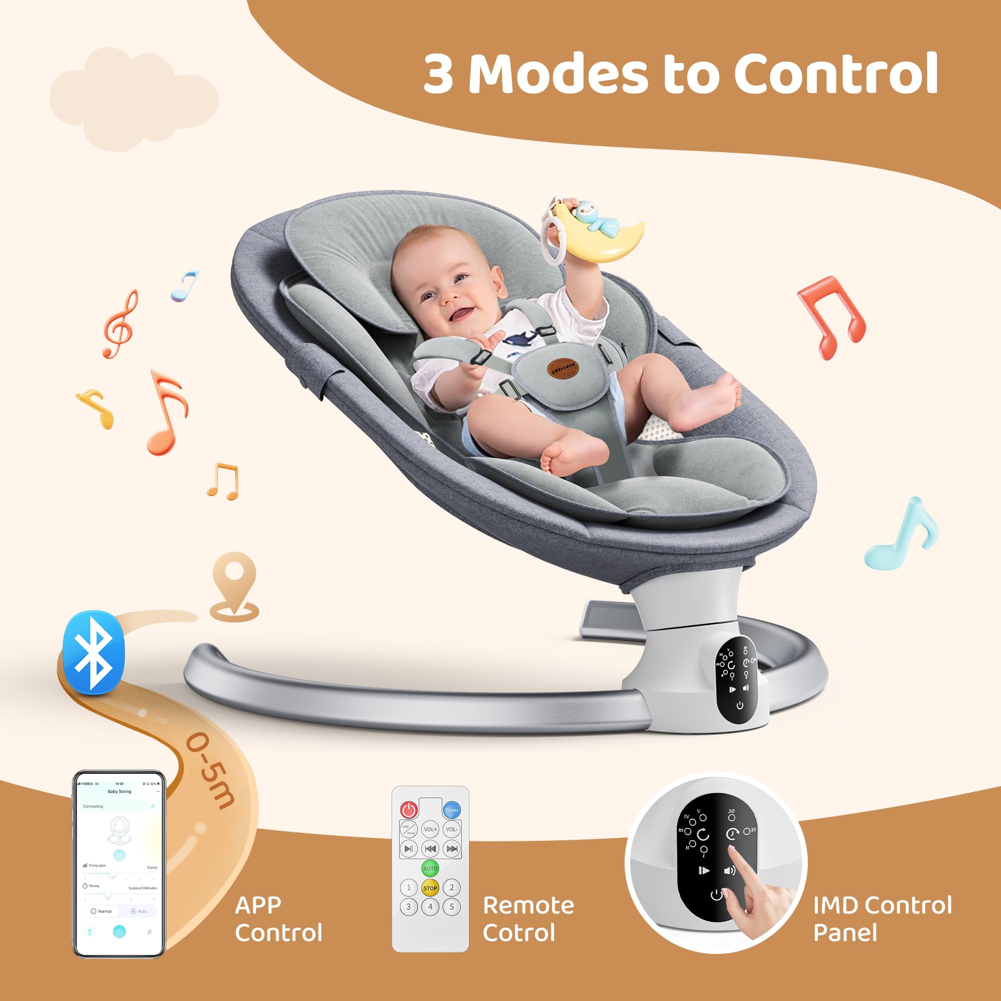 Smelluck Baby Swing with Bluetooth connection for wireless control.