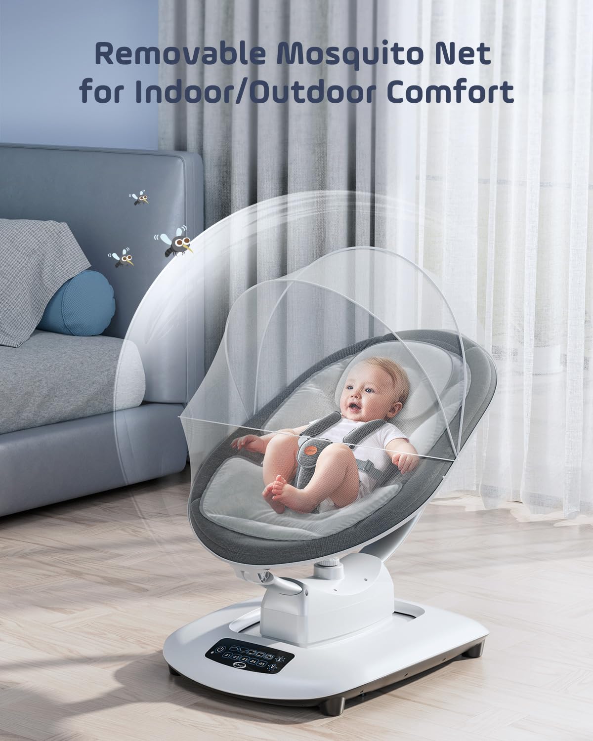 Smelluck Baby Swing includes dolls and mosquito net for comfort.