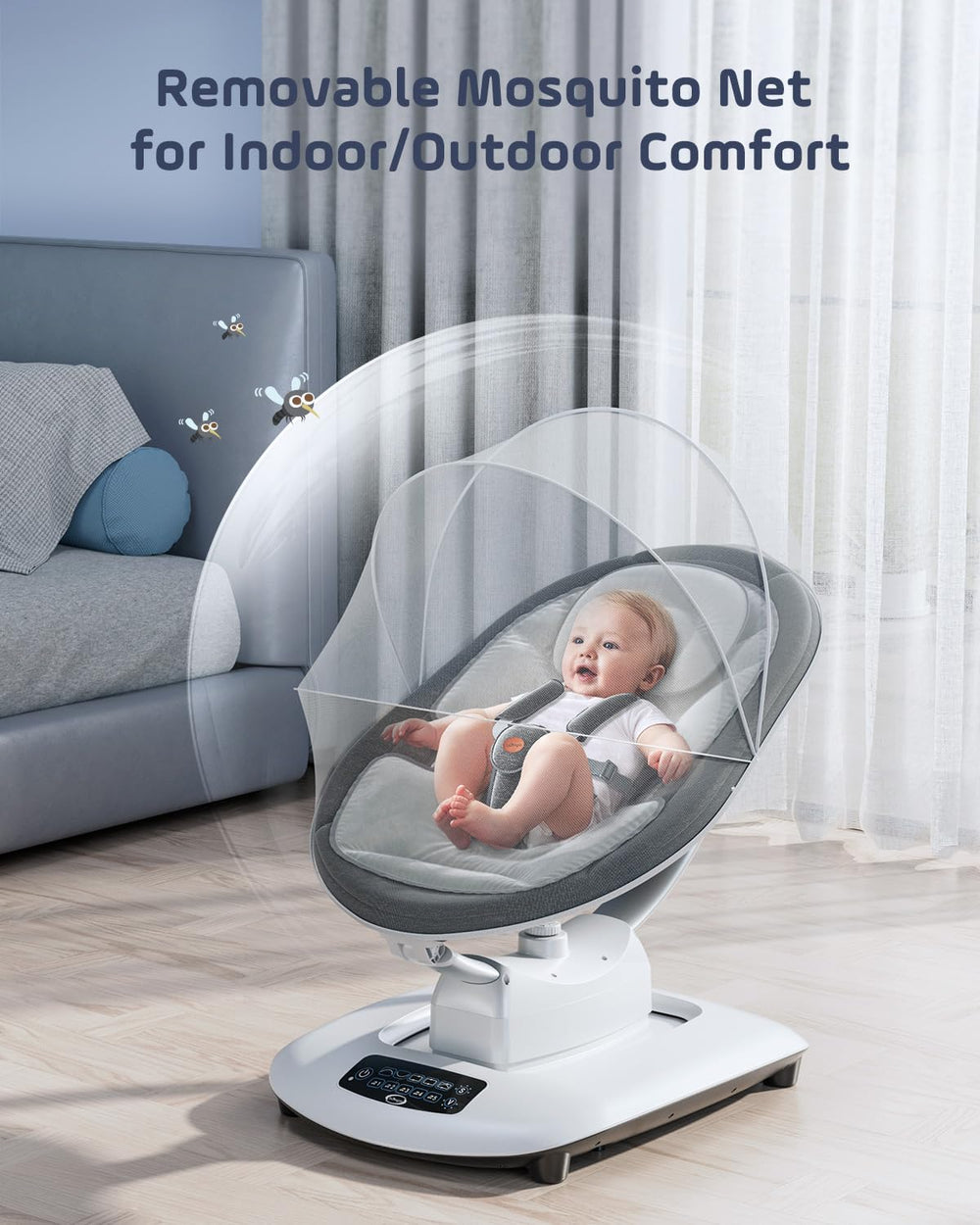 Smelluck Baby Swing includes dolls and mosquito net for comfort.