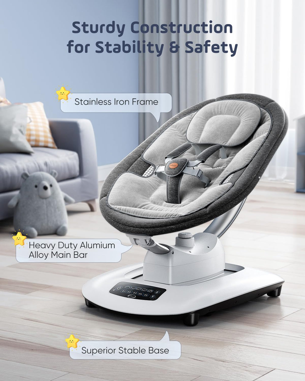 Smelluck Baby Swing with 5-point harness secures infant safely.