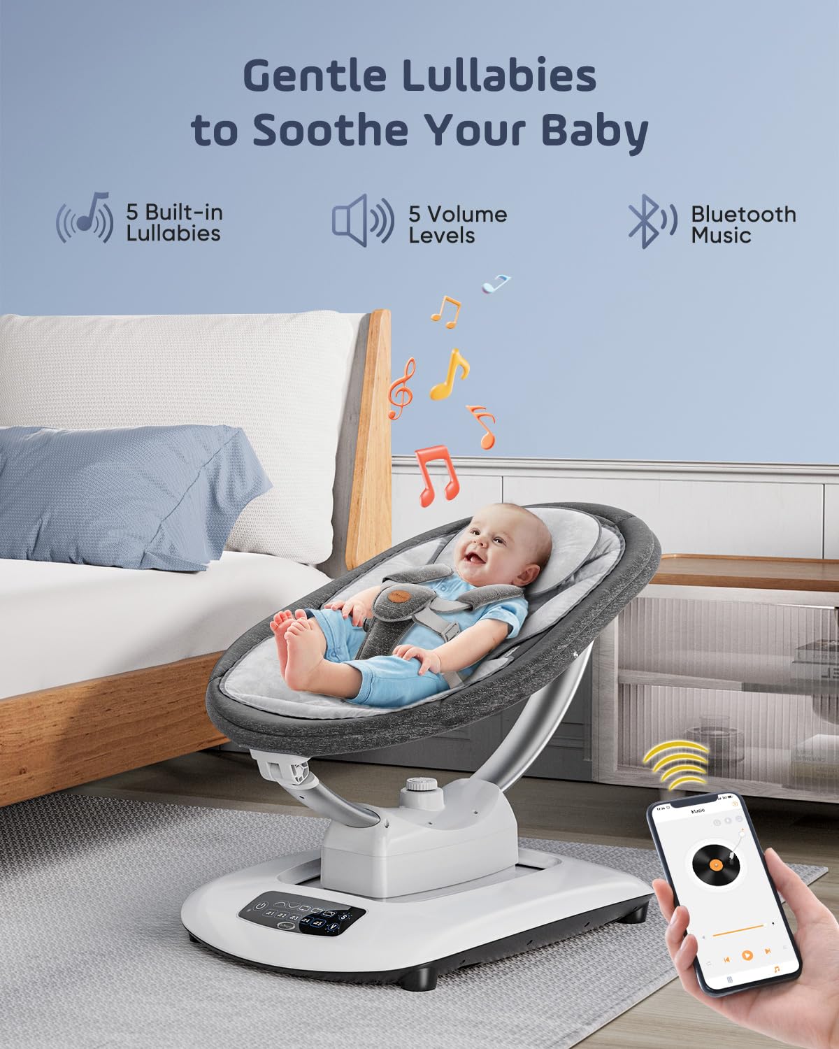 Smelluck Baby Swing lullabies via Bluetooth for calming tunes.