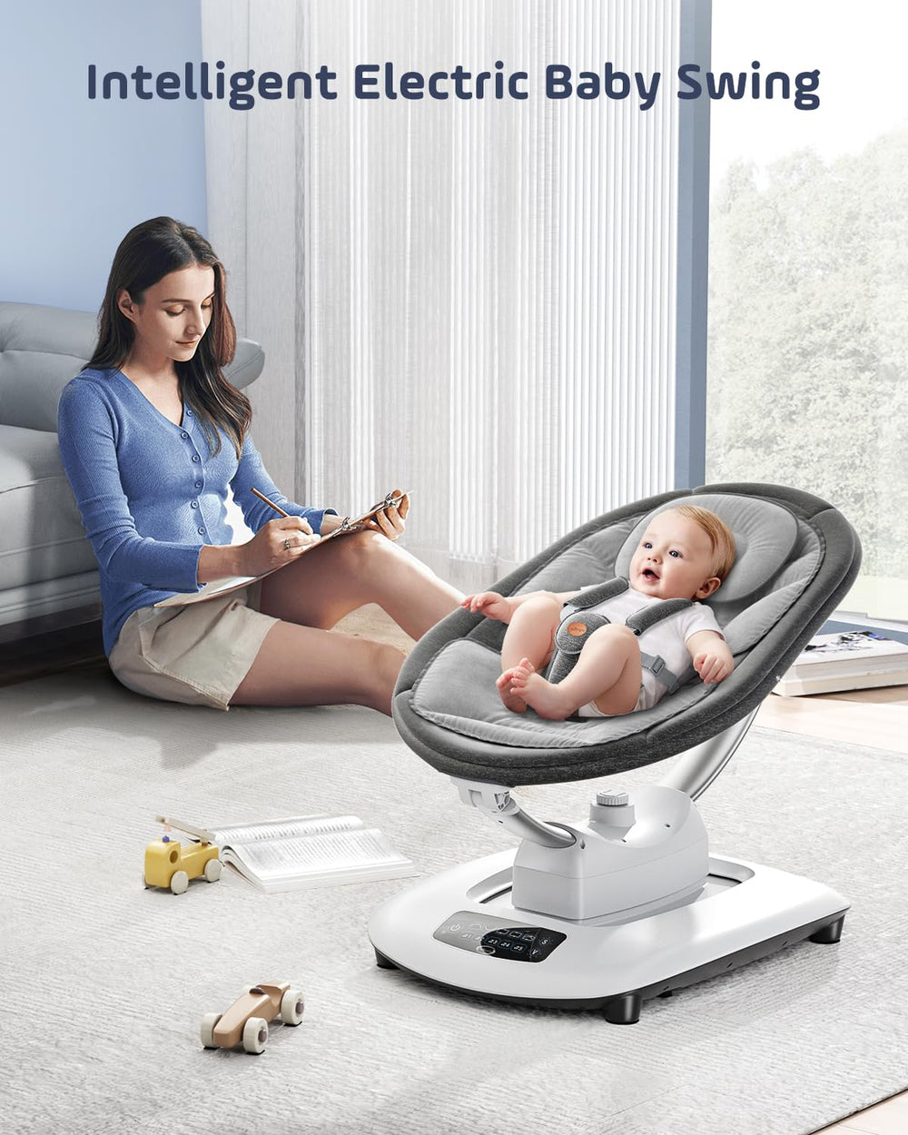 Smelluck Baby Swing touch panel and remote for easy control.