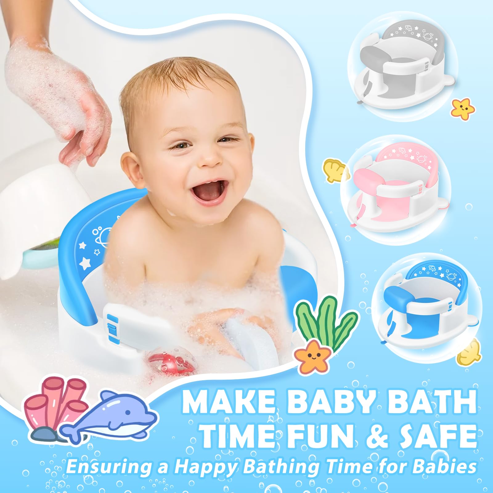 SMGZG baby bath seat blue side view highlights ergonomic back support during bath time