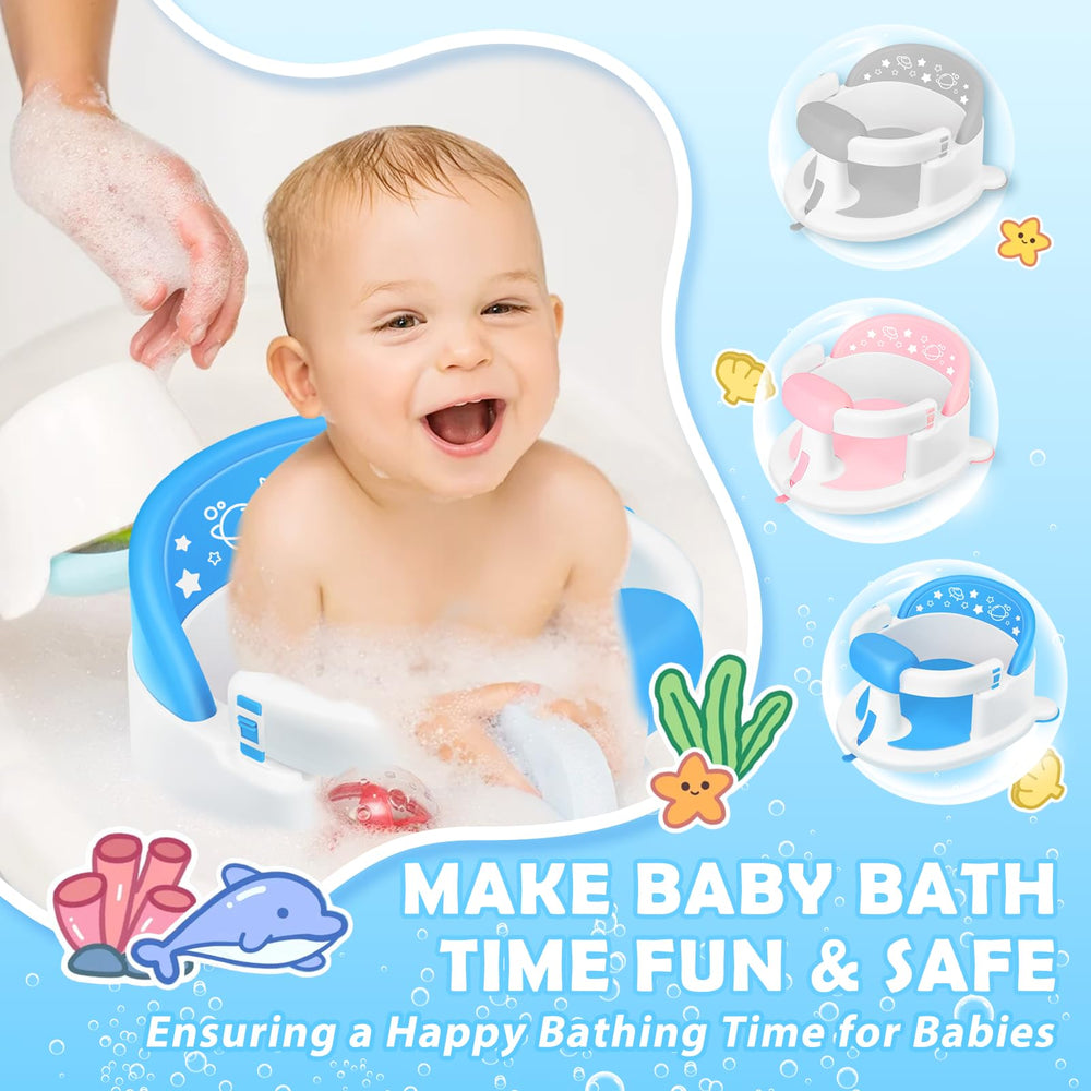 SMGZG baby bath seat blue side view highlights ergonomic back support during bath time