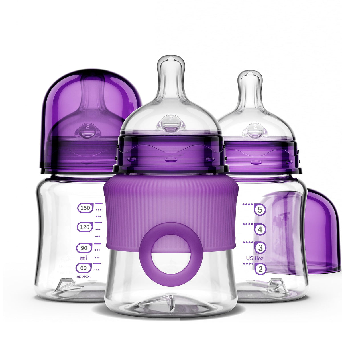 Smilo bottle vent system close-up with anti-colic design in plum purple.