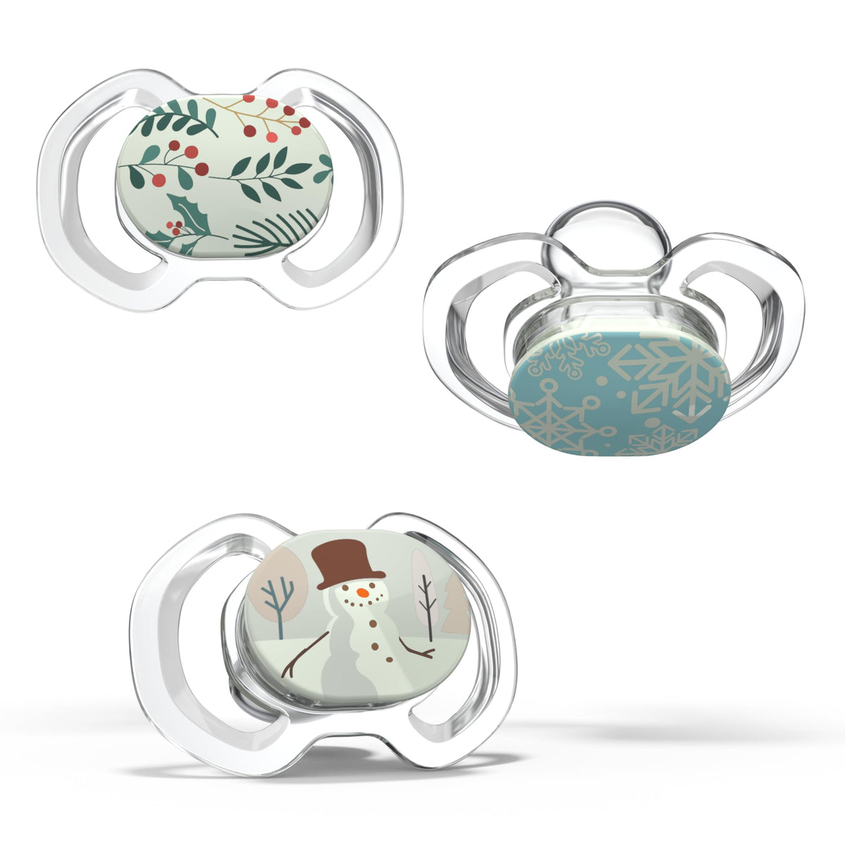 Smilo Winter Wonderland pacifier glows in the dark for easier night-time finding.