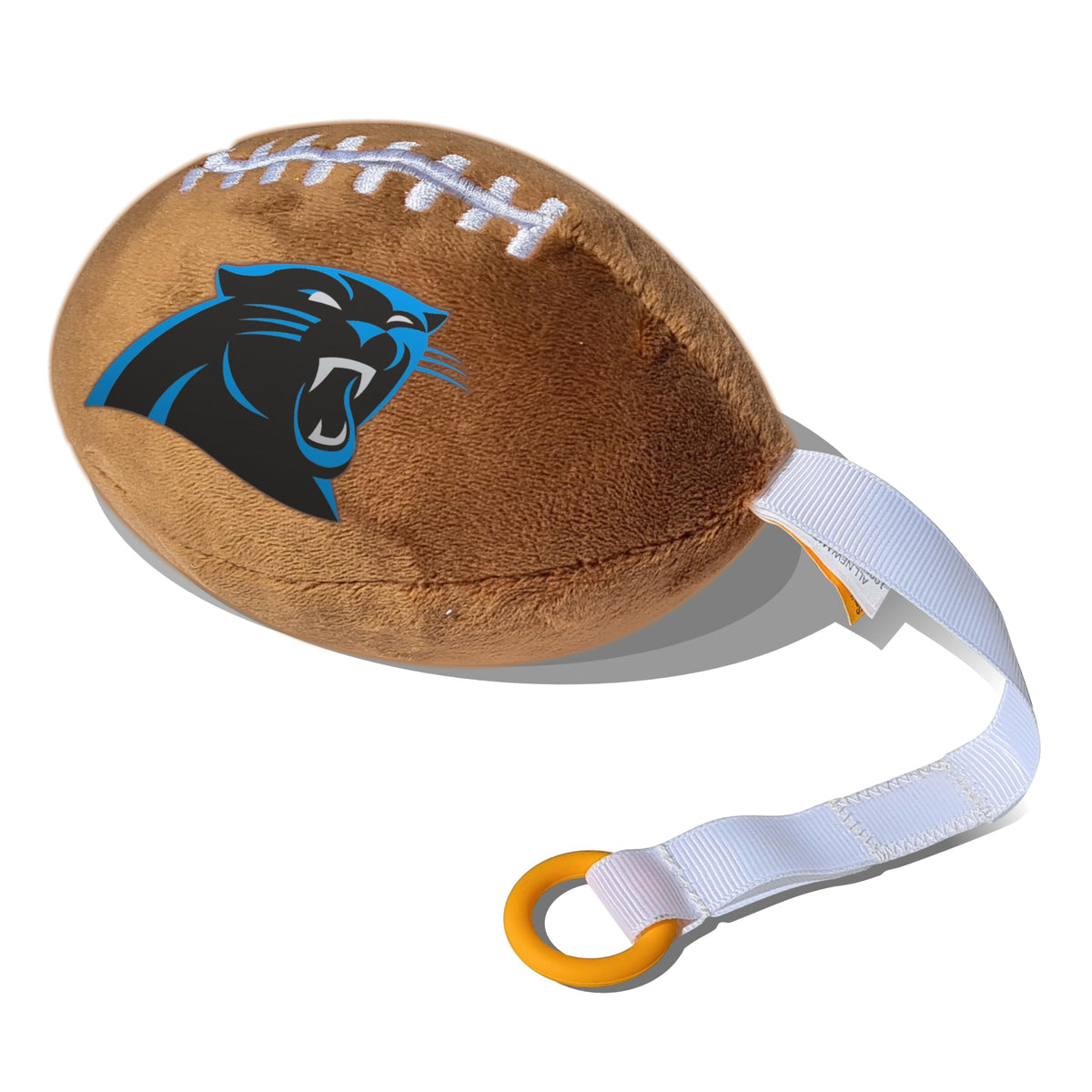 Smilo Carolina Panthers plush football pacifier holder shows a cuddly design for on-the-go fans.