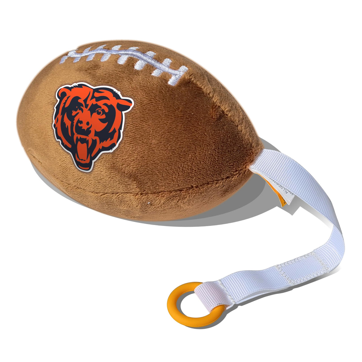 Smilo Chicago Bears plush football pacifier holder with secure attachment for on-the-go use.