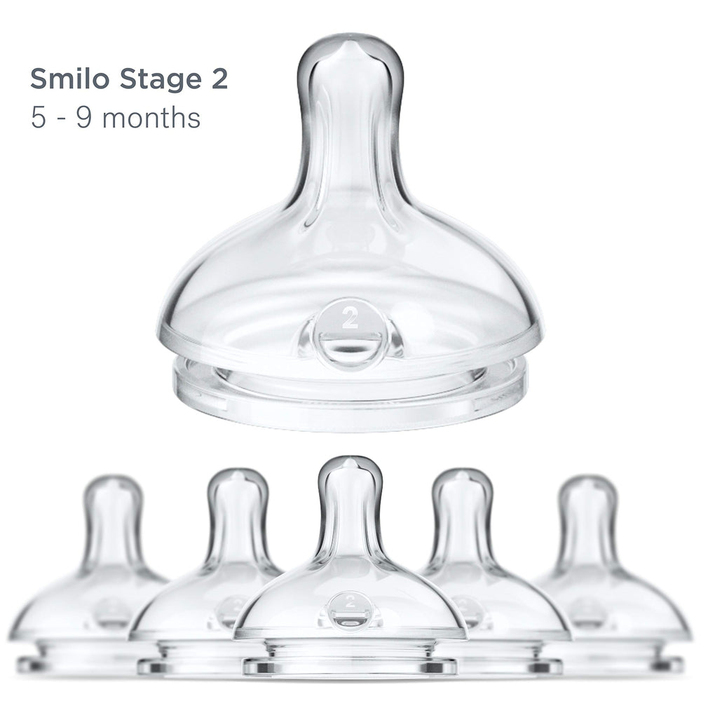 Smilo medium-flow nipple stage 2 supports comfortable feeds for babies 5 to 9 months