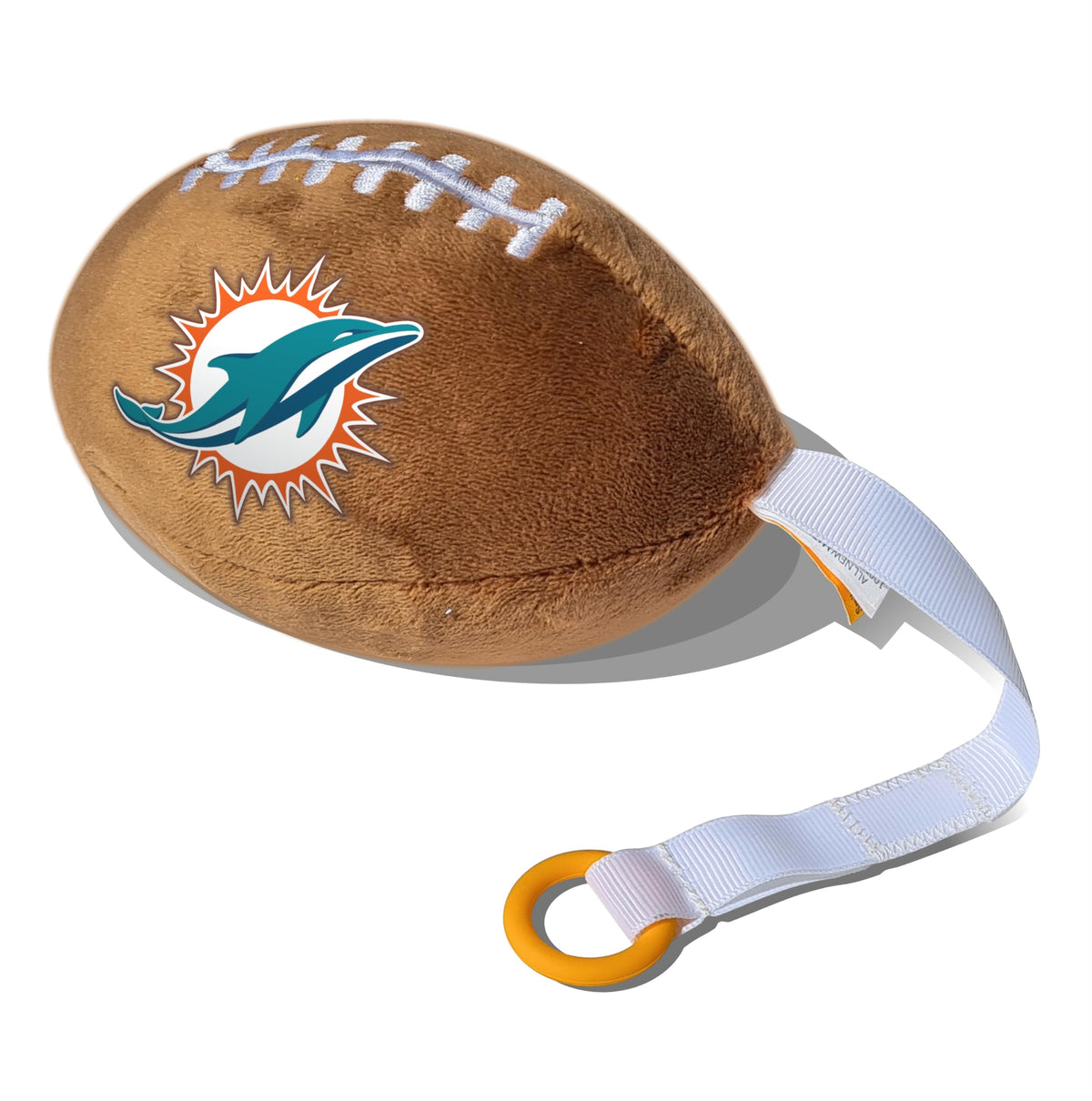 Smilo Miami Dolphins plush pacifier holder with soft fabric keeps pacifier within reach
