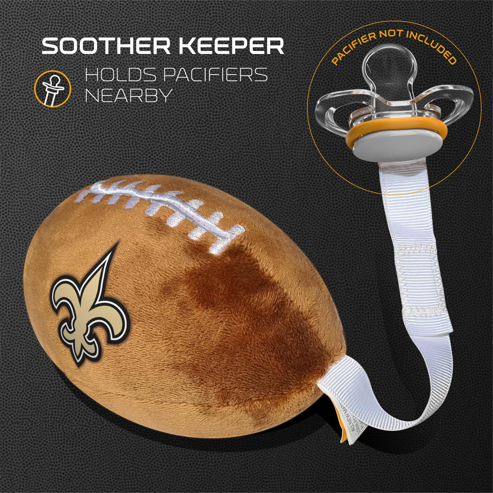 Smilo plush football pacifier holder fabric strap close-up for soothing snuggles.