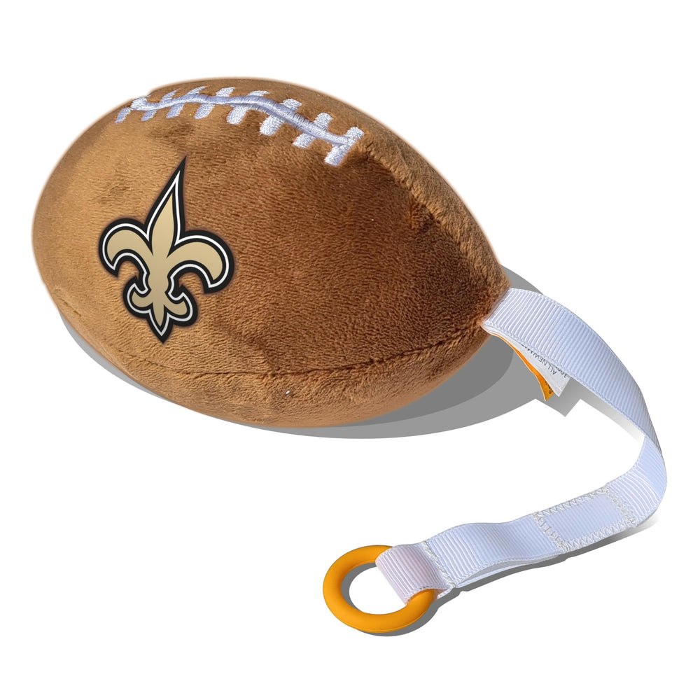 Smilo New Orleans Saints plush football pacifier holder front view keeps pacifier handy on adventures.
