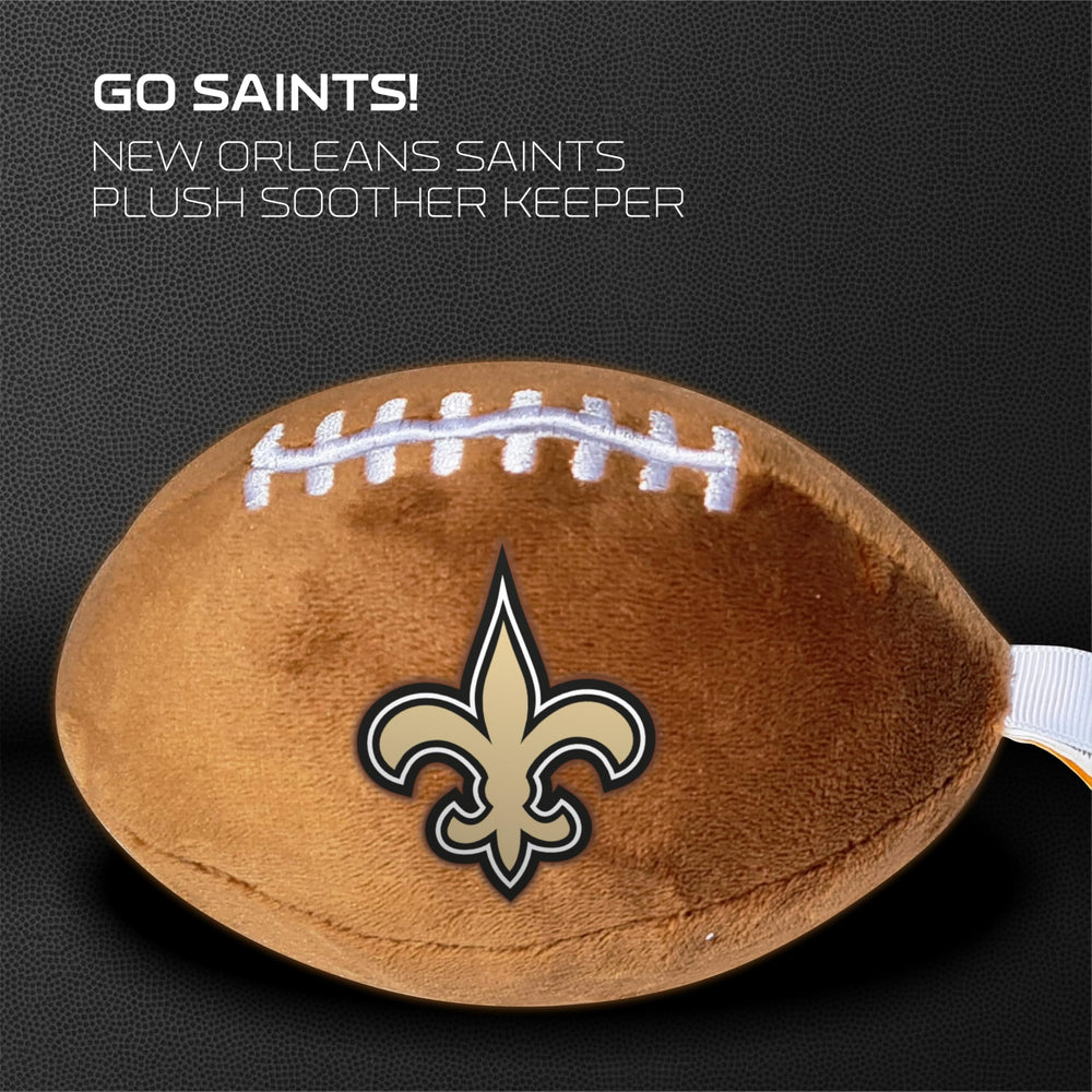 Smilo Saints plush football pacifier holder on stroller clip for on-the-go use.