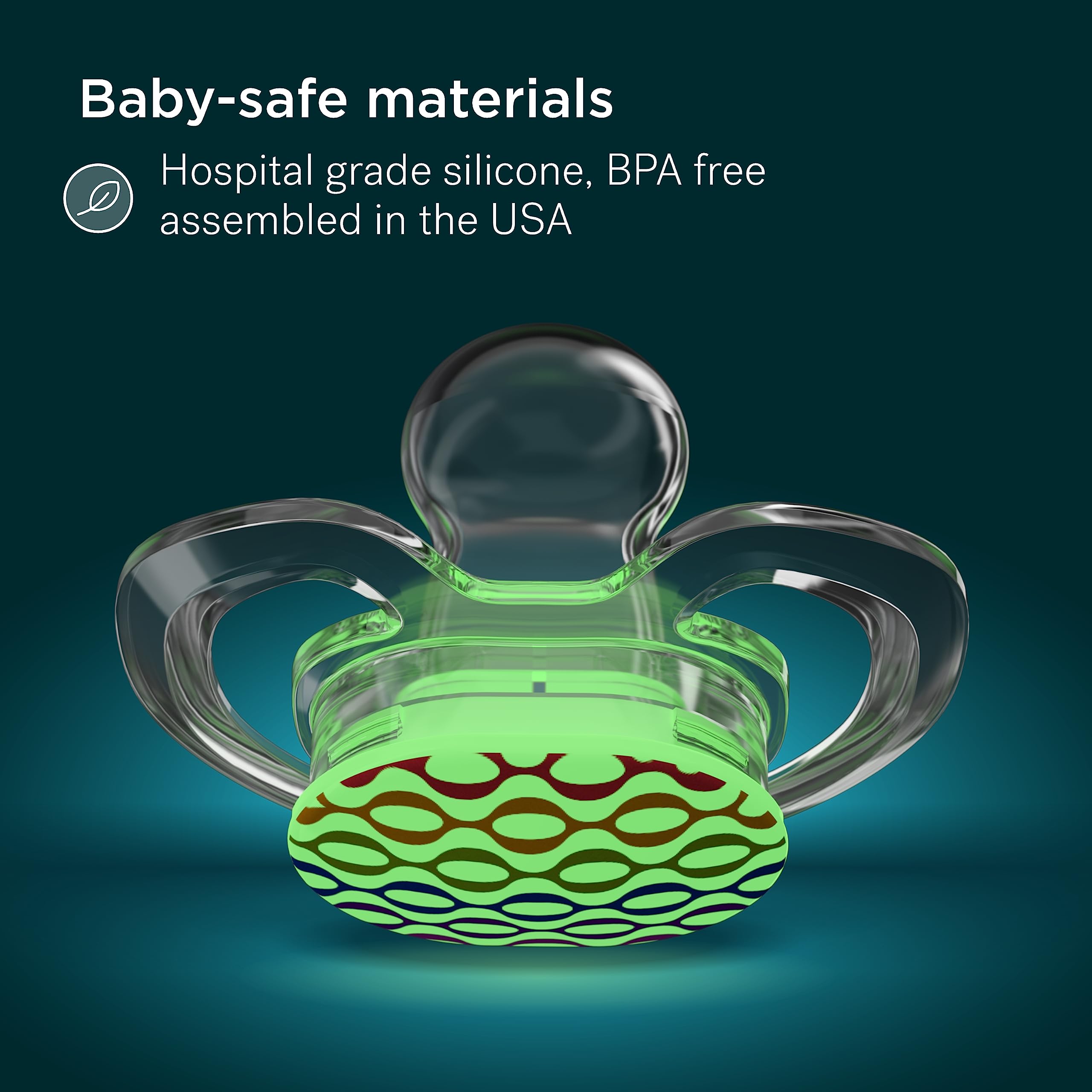 Smilo pacifier assembled in the US using quality materials.