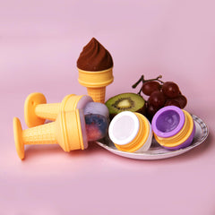 Smily Mia fruit feeder duo set open for safe self-feeding with fruit.