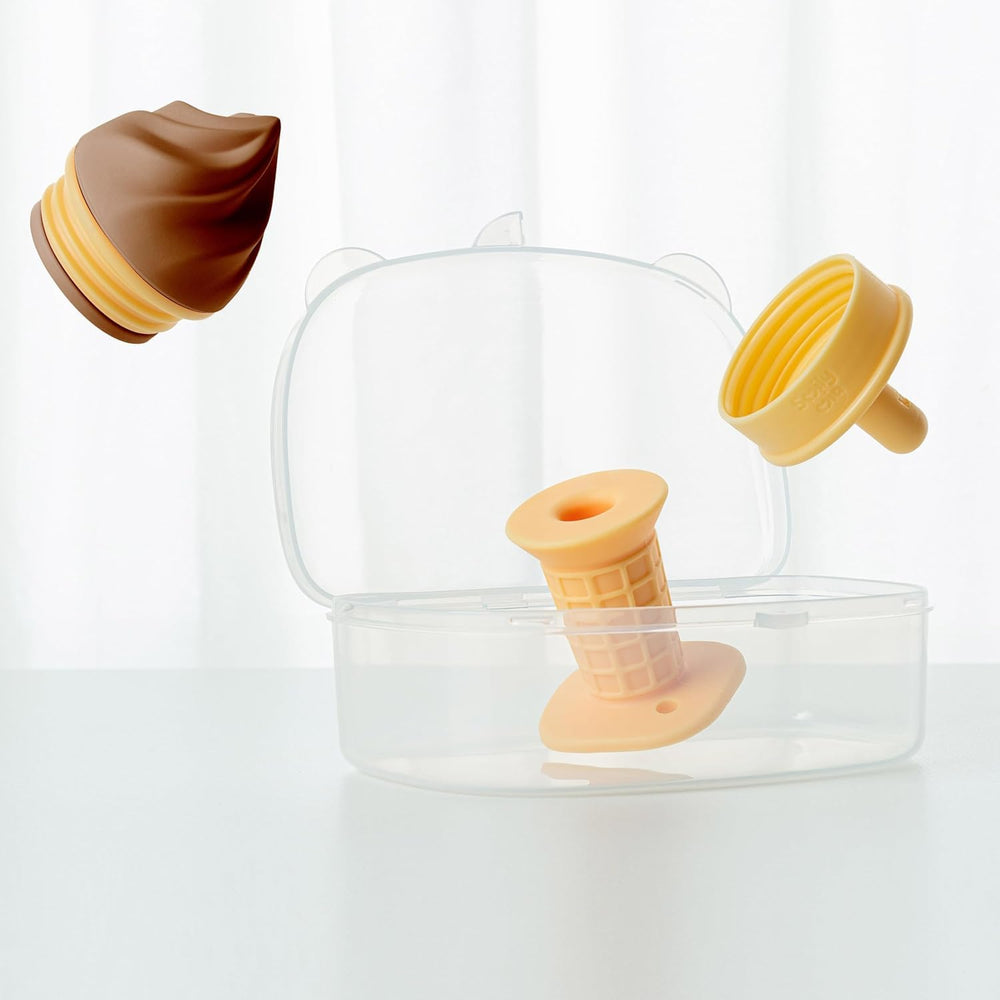 Smily Mia ice-cream cone teether packaging in peach pink