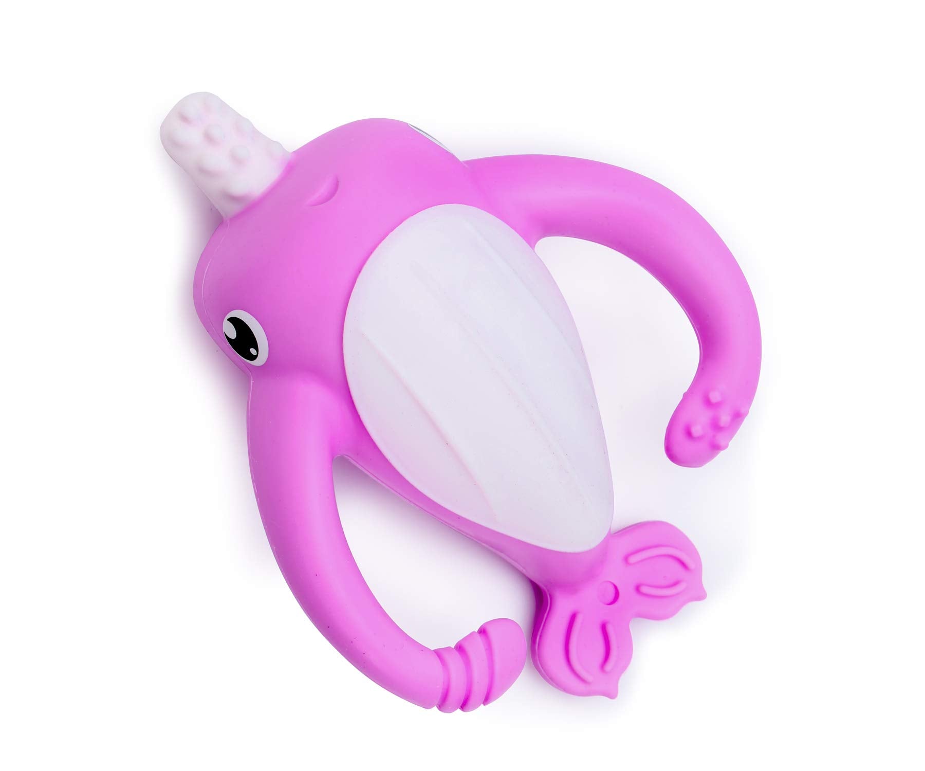 Smily Mia Narwhal teether reaches back gums for comprehensive relief.