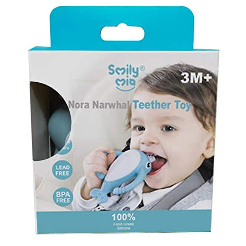 Smily Mia Narwhal teether is dishwasher-safe for easy cleaning.