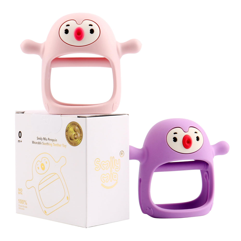 Smily Mia Penguin Teether worn on a wrist mitten for soothing teething.
