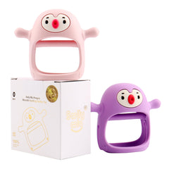 Smily Mia Penguin Teether worn on a wrist mitten for soothing teething.