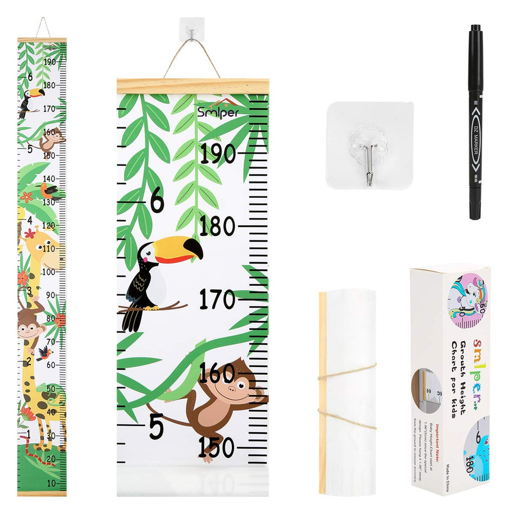 Smlper growth chart with wood frame on wall aids easy height tracking.