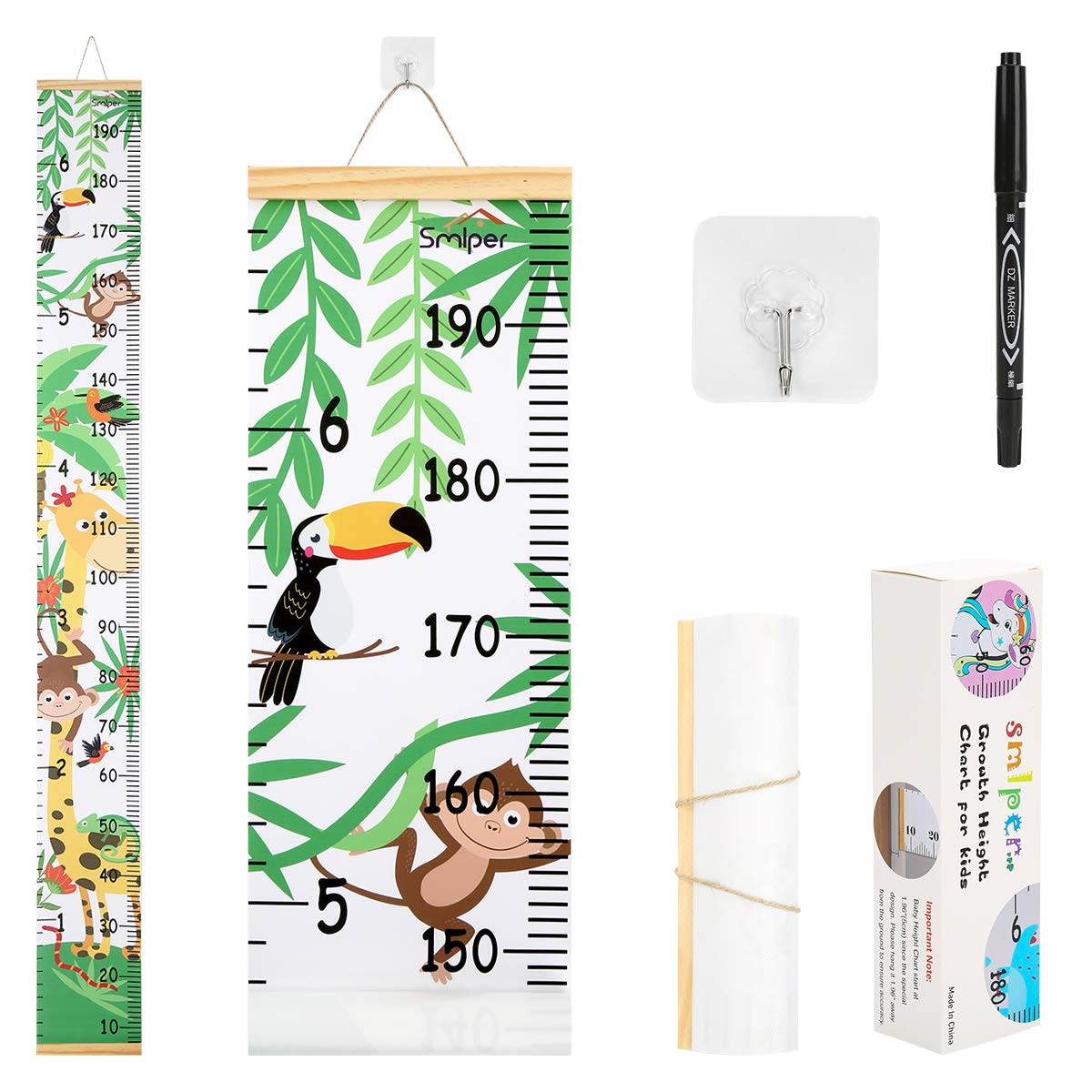Smlper growth chart with wood frame on wall aids easy height tracking.