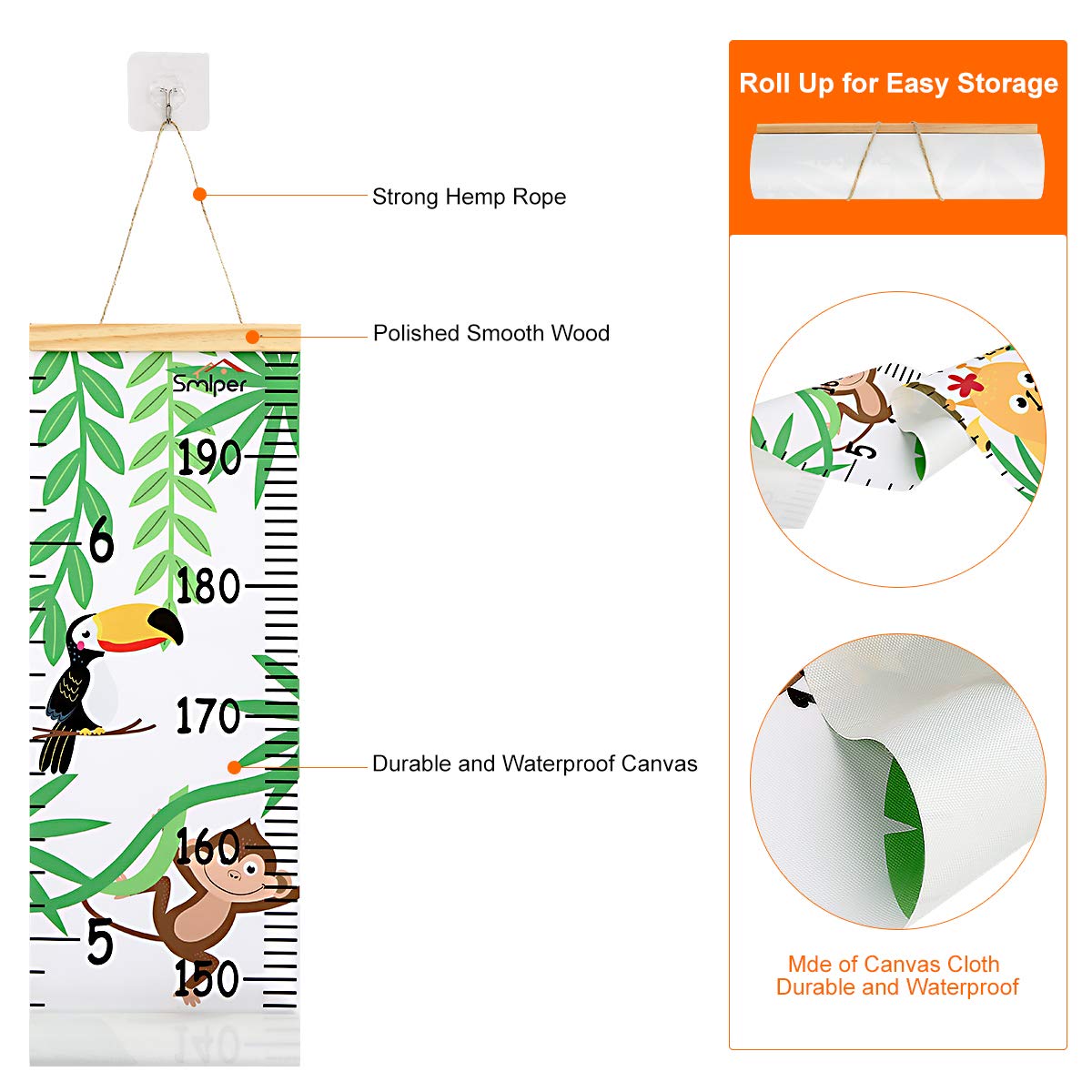 Smlper height chart on fabric canvas provides stylish nursery decor and measurements.
