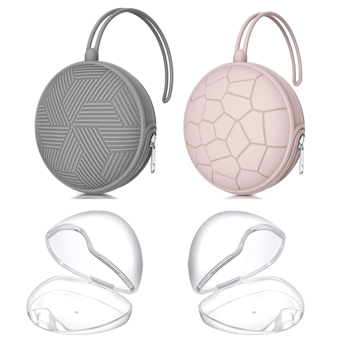Smlpuame pacifier holder set in pink and grey silicone for on-the-go use.