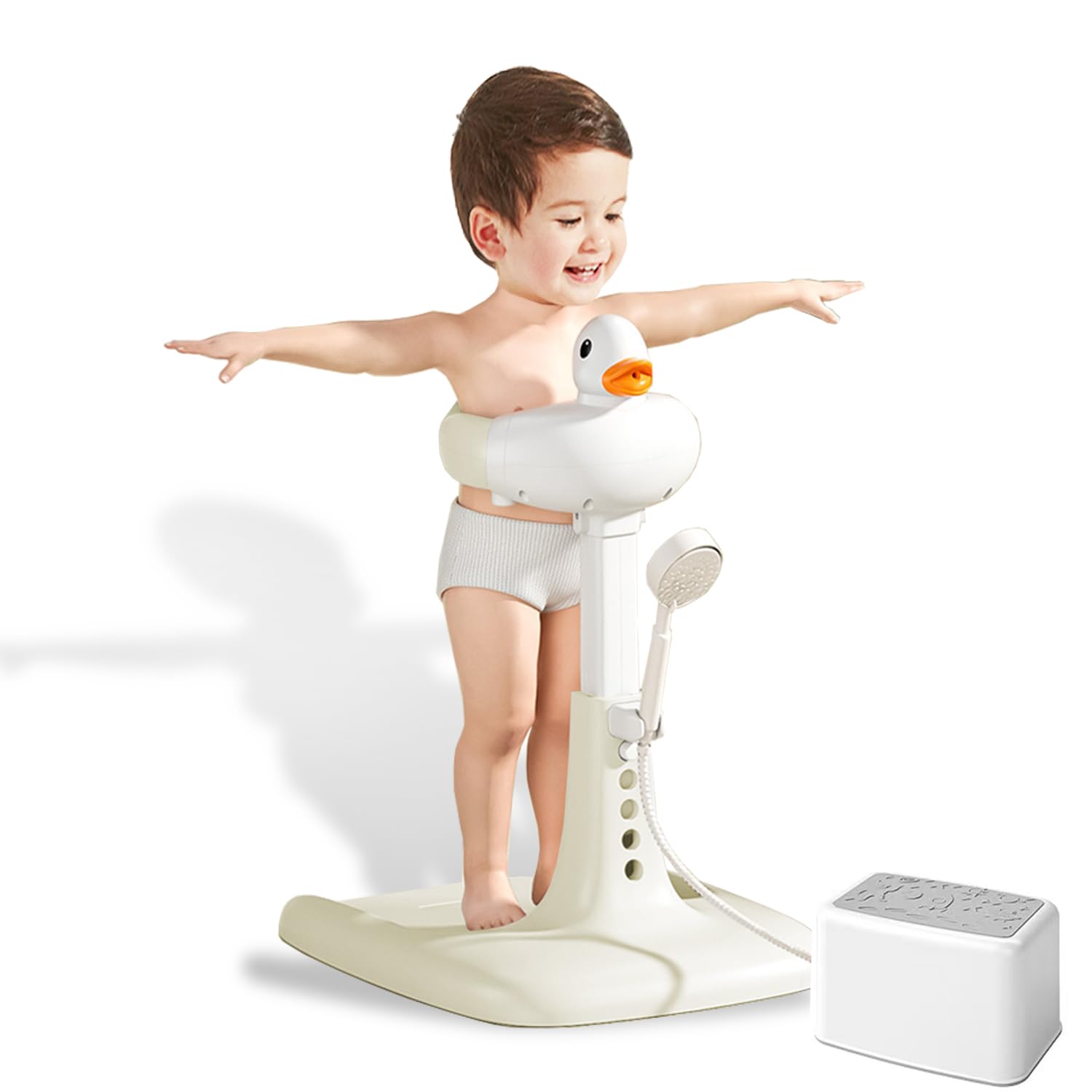 SMLXLXX adjustable-height baby shower stand with duck design supports safe bathing.