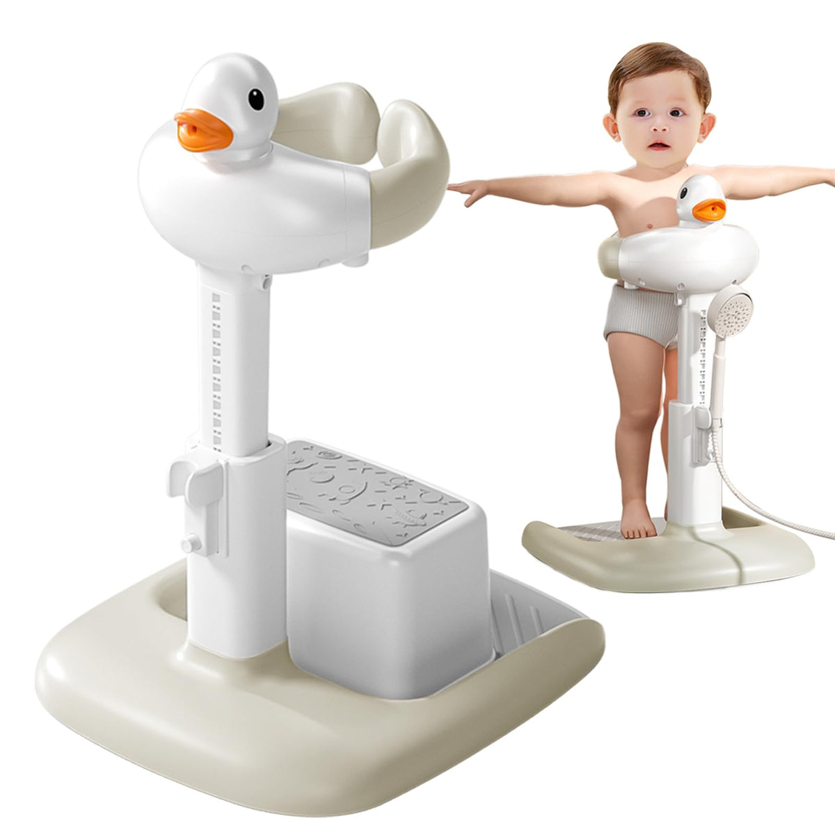 SMLXLXX adjustable-height baby shower stand in khaki, front view, stable bath support.