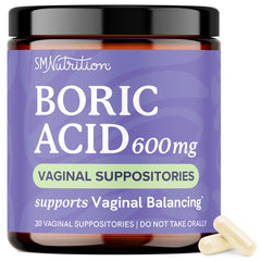 SMNutrition boric acid suppositories 600mg packaging for easy storage and travel.