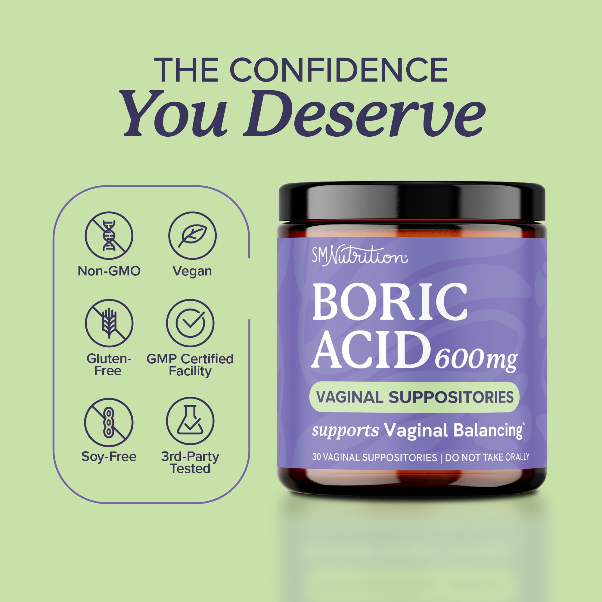 SMNutrition boric acid suppositories ingredient label highlights purity.