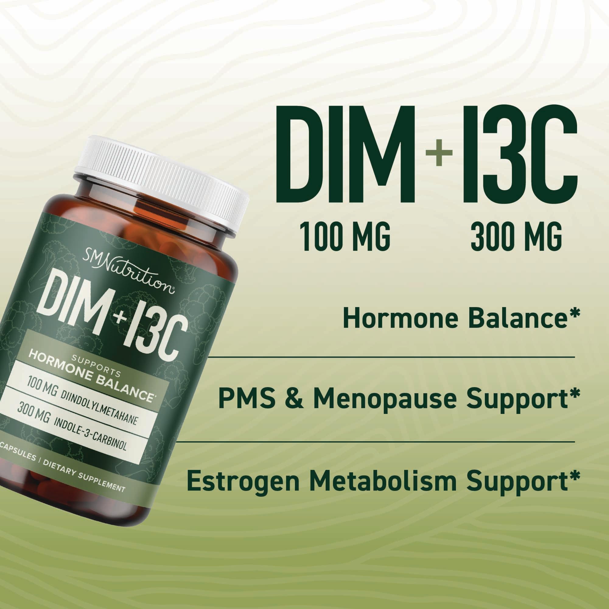 SMNutrition DIM & I3C pills closeup for easy daily regimen.