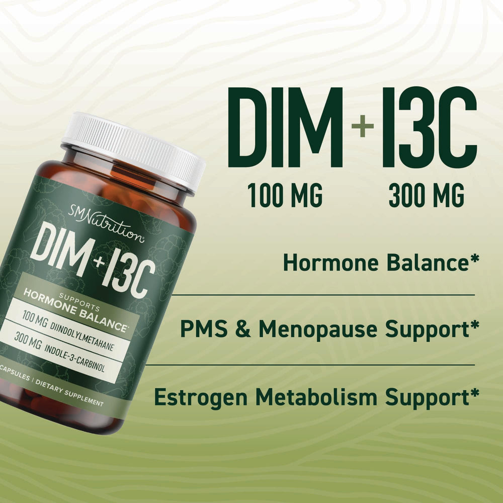 SMNutrition DIM & I3C pills closeup for easy daily regimen.