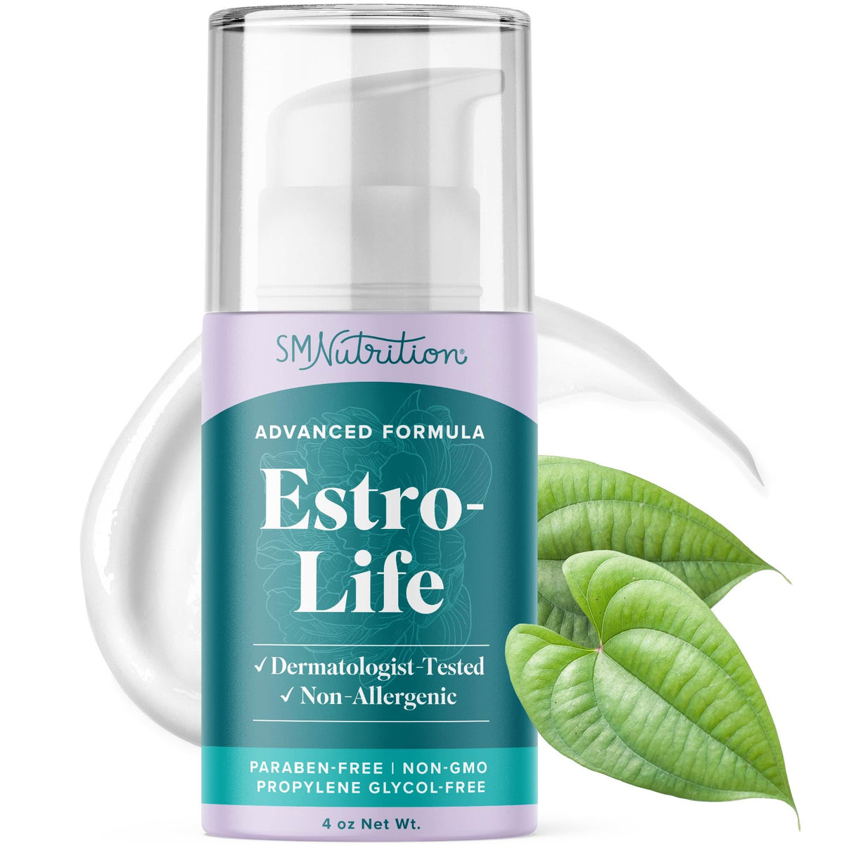SMNutrition Estro-Life bottle with pump for easy, controlled application and fragrance-free daily use.
