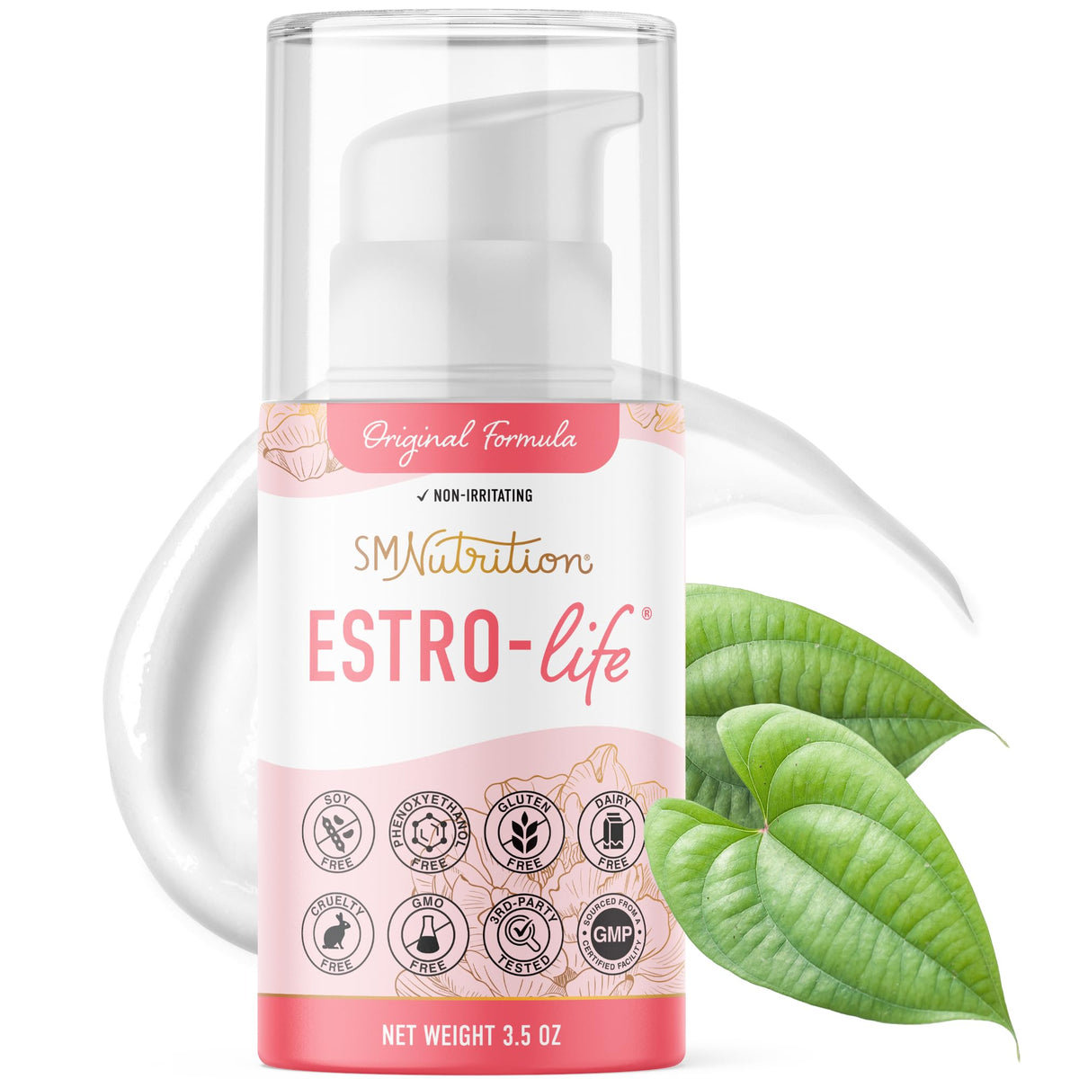 SMNutrition Estro-Life cream jar showing fragrance-free hydration for daily care.