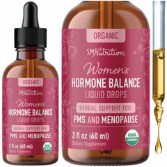 SMNutrition Hormone Balance Drops bottle with dropper for menopause support.