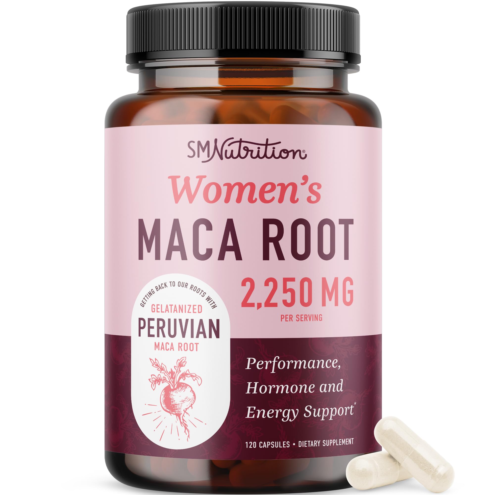 SMNutrition Organic Maca Women capsules on bottle promote energy and balance.