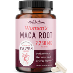 SMNutrition Organic Maca Women capsules on bottle promote energy and balance.