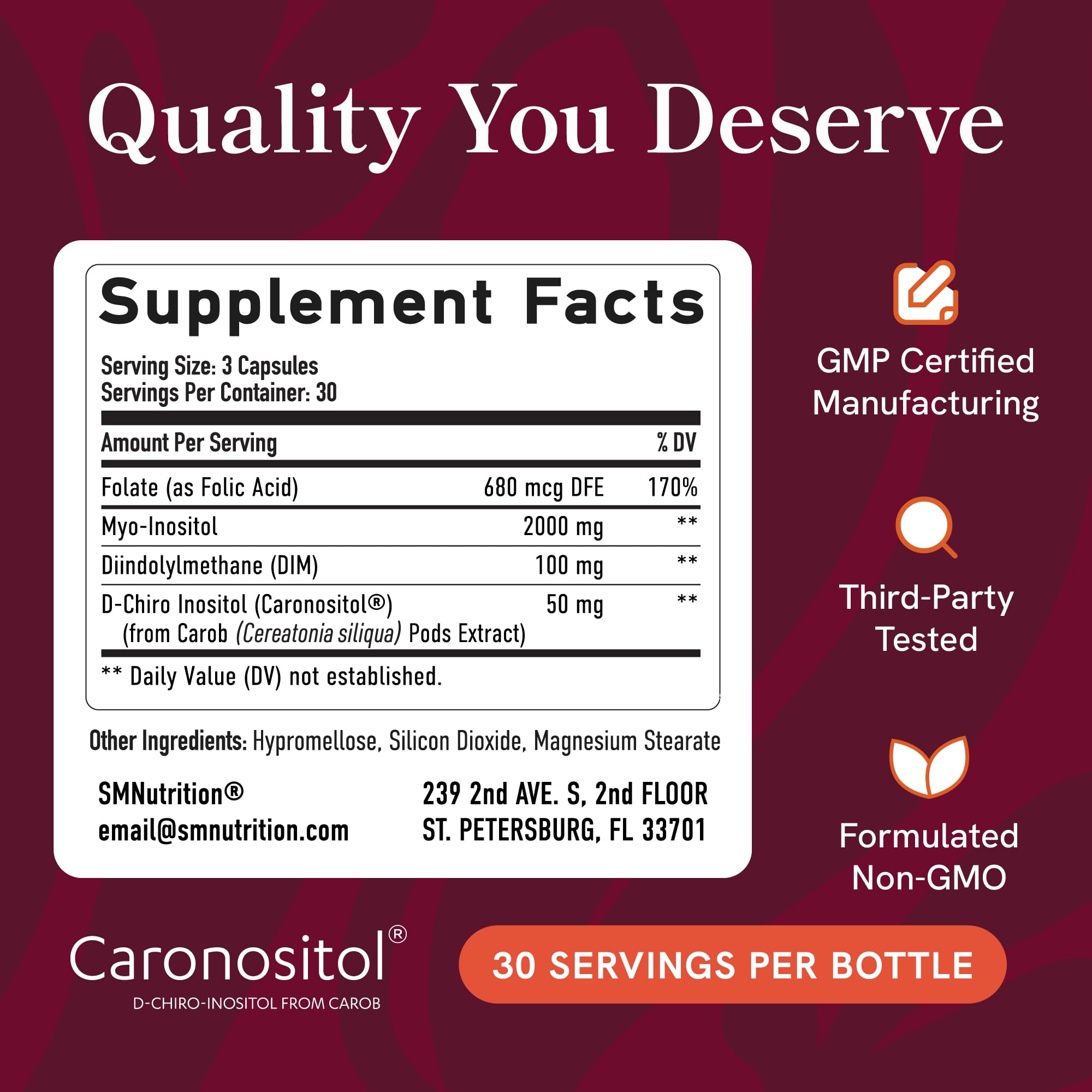 SMNutrition Ovarian Support packaging notes GMP compliance for quality.
