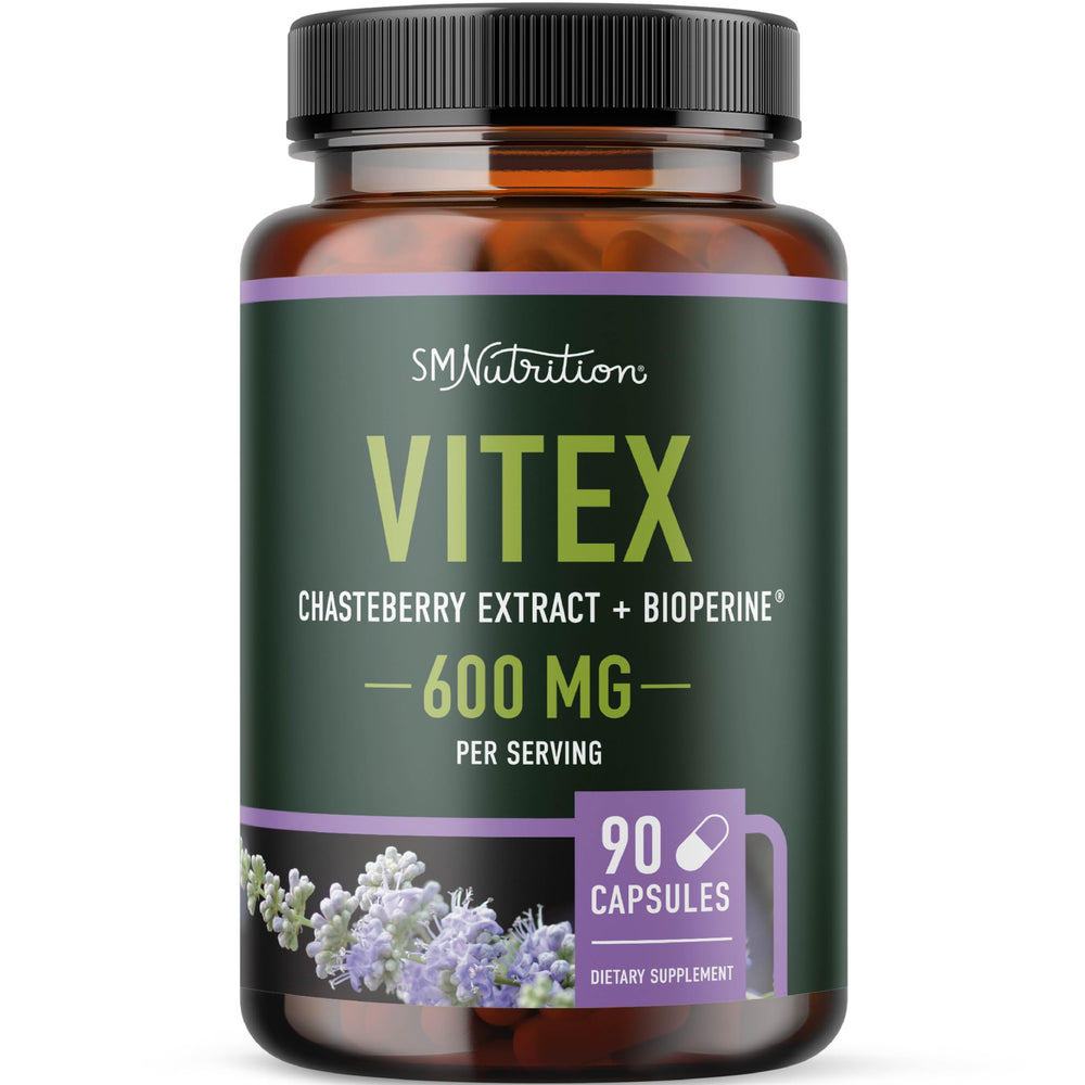 SMNutrition Vitex chasteberry bottle showing 600mg capsules for hormone balance support